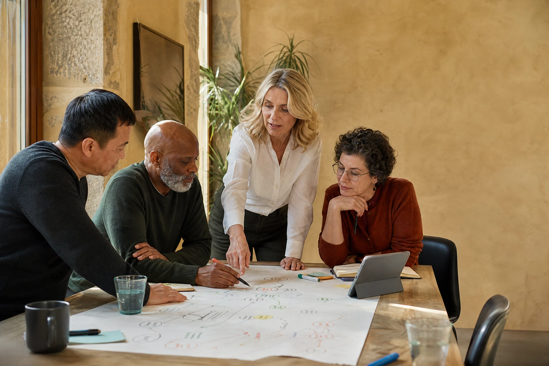 A diverse leadership team collaborating in a strategy workshop